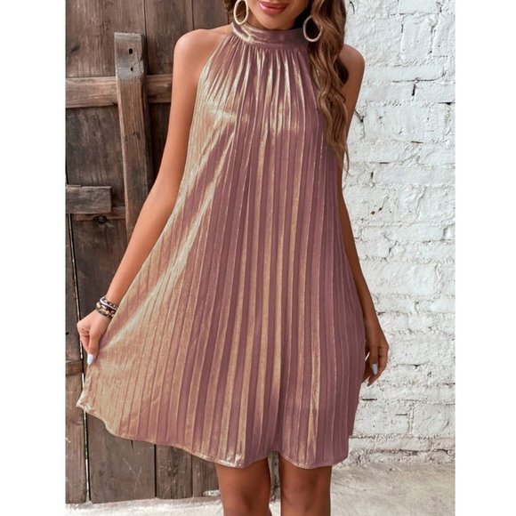 Pleated Halter Neck tied back Mini Dress Dusty Pink Metallic - Picture 5 of 6